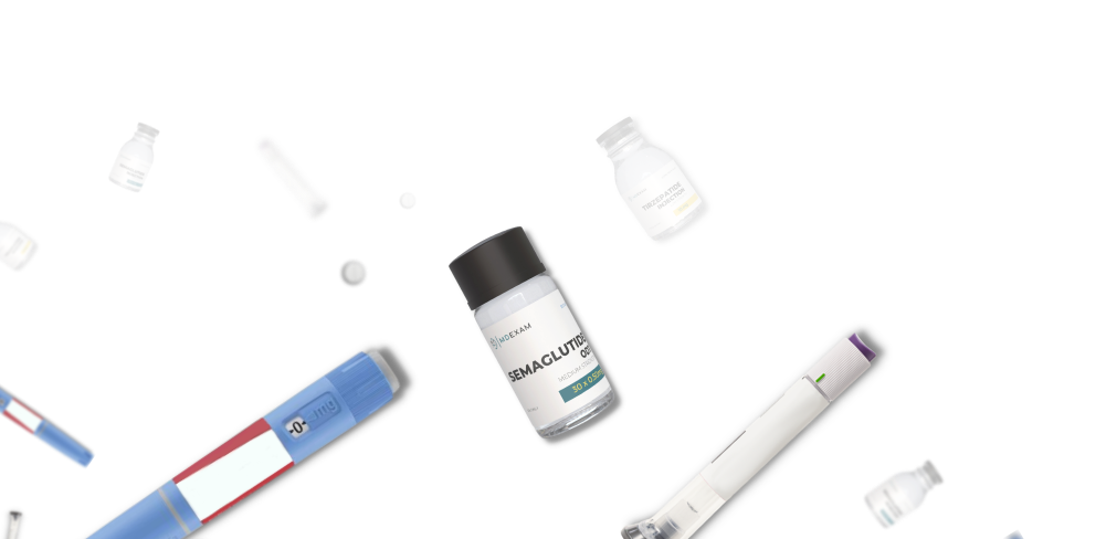 Semaglutide, tirzepatide, tablets and pens across a background
